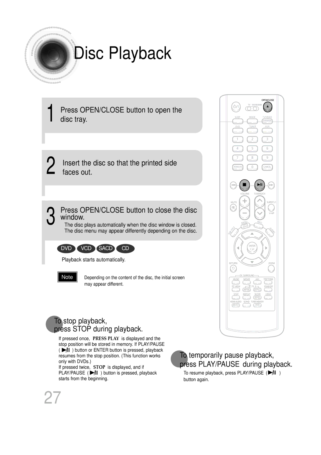 Samsung P1200-SECA, SDSM-EX, AH68-01720S, 20060814151350437 manual Disc Playback, To stop playback Press Stop during playback 