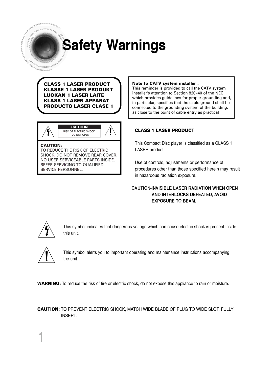 Samsung 20060814151350437, SDSM-EX, P1200-SECA, AH68-01720S manual Safety Warnings, Class 1 Laser Product 