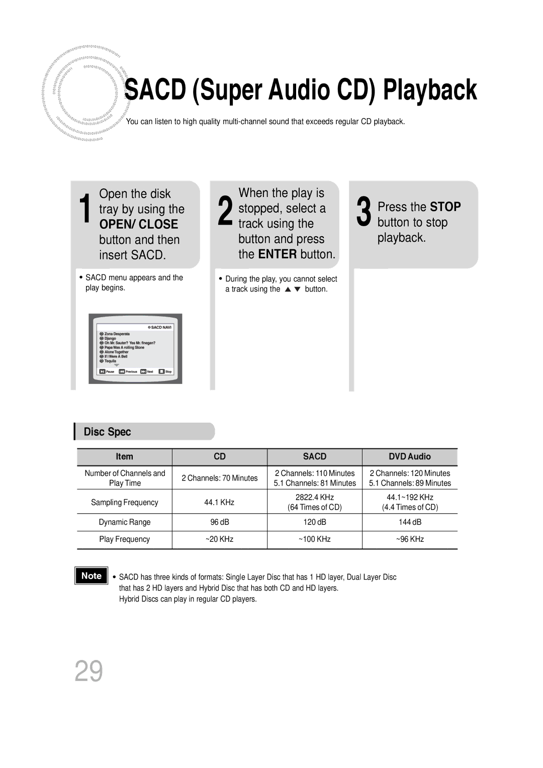 Samsung 20060814151350437, SDSM-EX, P1200-SECA manual Open the disk Tray by using, When the play is, Disc Spec, DVD Audio 