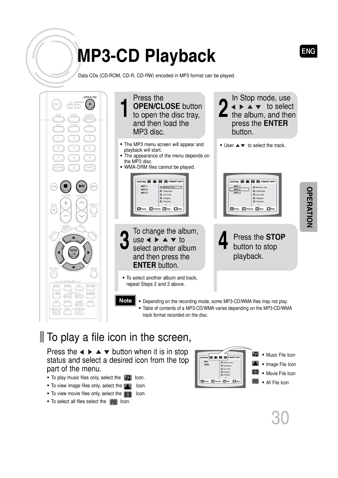 Samsung SDSM-EX MP3 -CD Playback, Press, To change the album, Use to select another album and then press the Enter button 