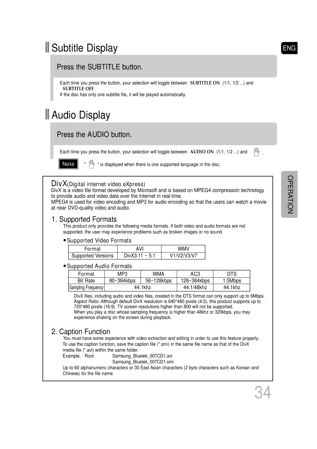 Samsung SDSM-EX, P1200-SECA manual Press the Subtitle button, Press the Audio button, Supported Formats, Caption Function 