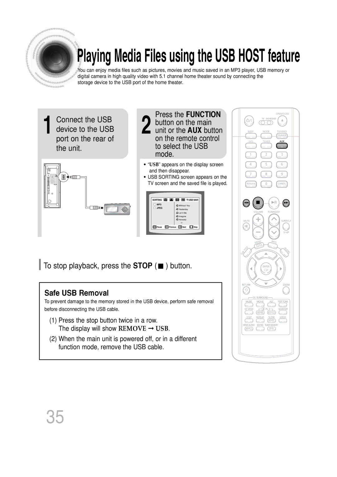 Samsung P1200-SECA, SDSM-EX, AH68-01720S manual Press the Function, To stop playback, press the Stop button, Safe USB Removal 