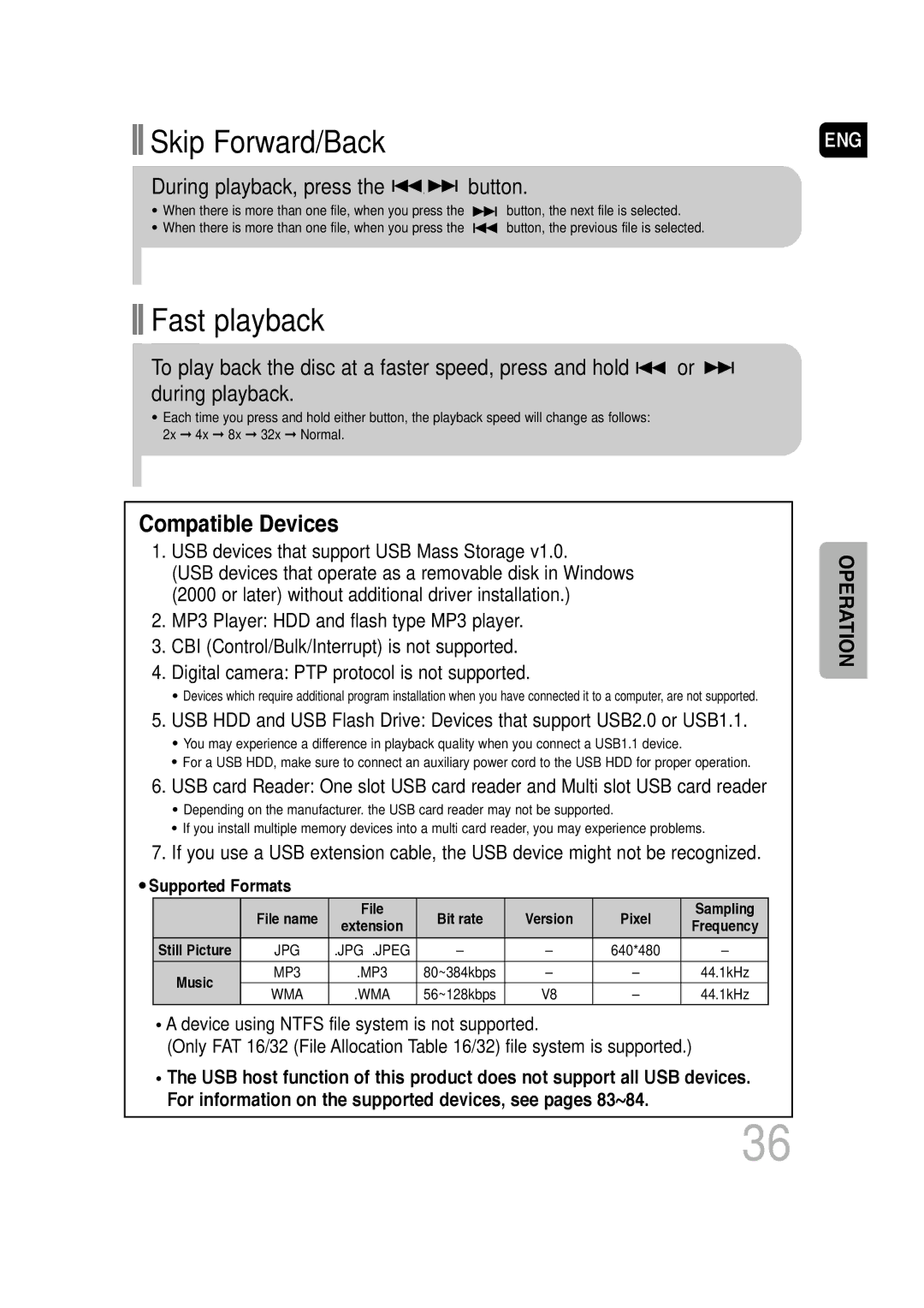 Samsung AH68-01720S, SDSM-EX, P1200-SECA Compatible Devices, USB devices that support USB Mass Storage, Supported Formats 