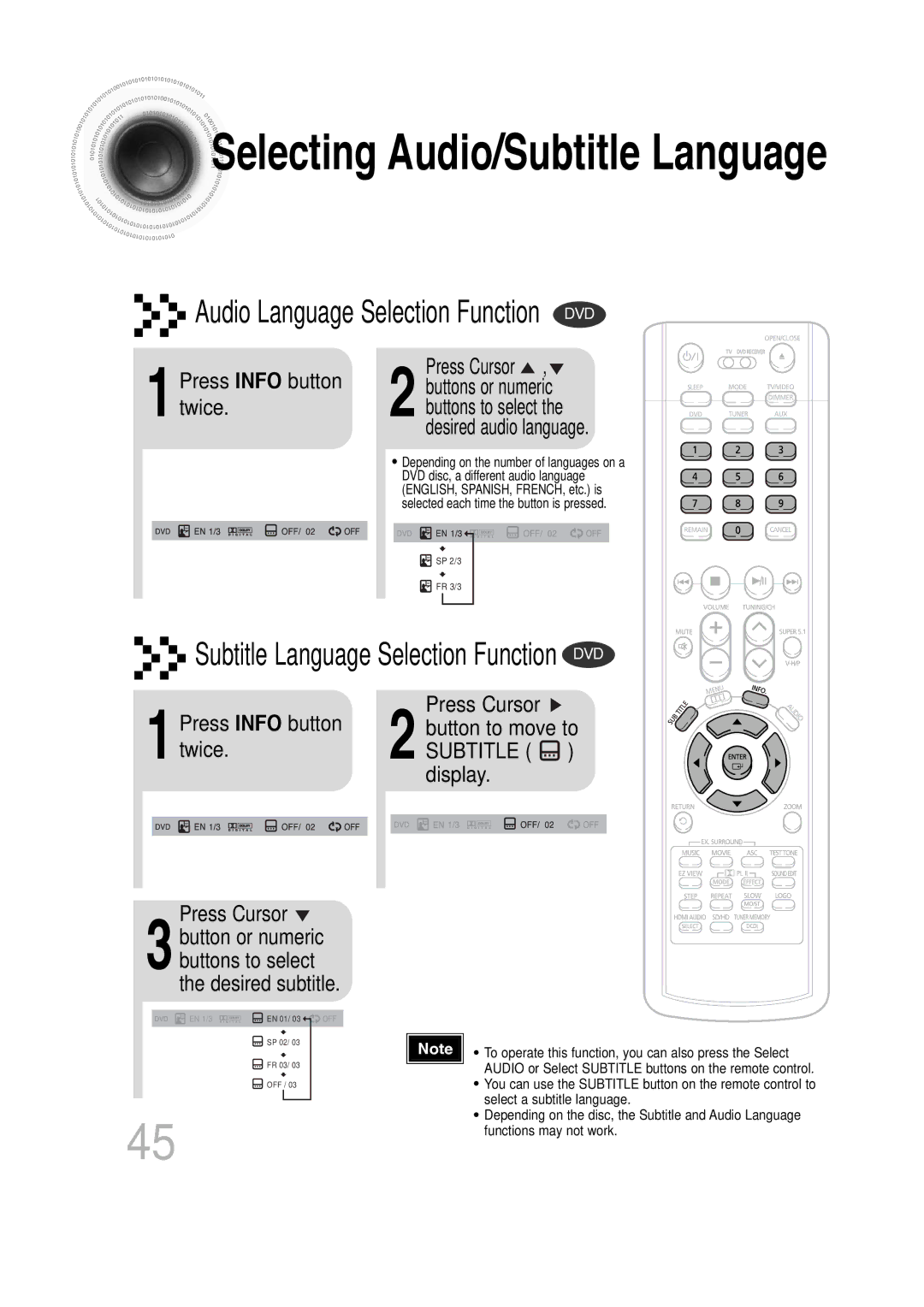 Samsung 20060814151350437 manual 1Press Info button twice, Desired audio language, Buttons to select the desired subtitle 