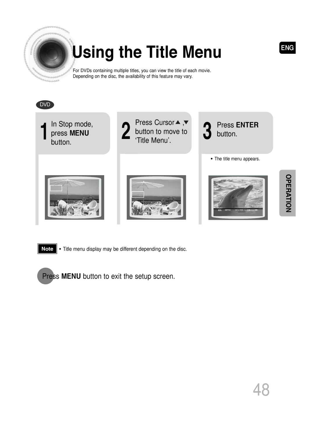 Samsung AH68-01720S manual Using the Title Menu, Button to move to ‘Title Menu’, Press Menu button to exit the setup screen 