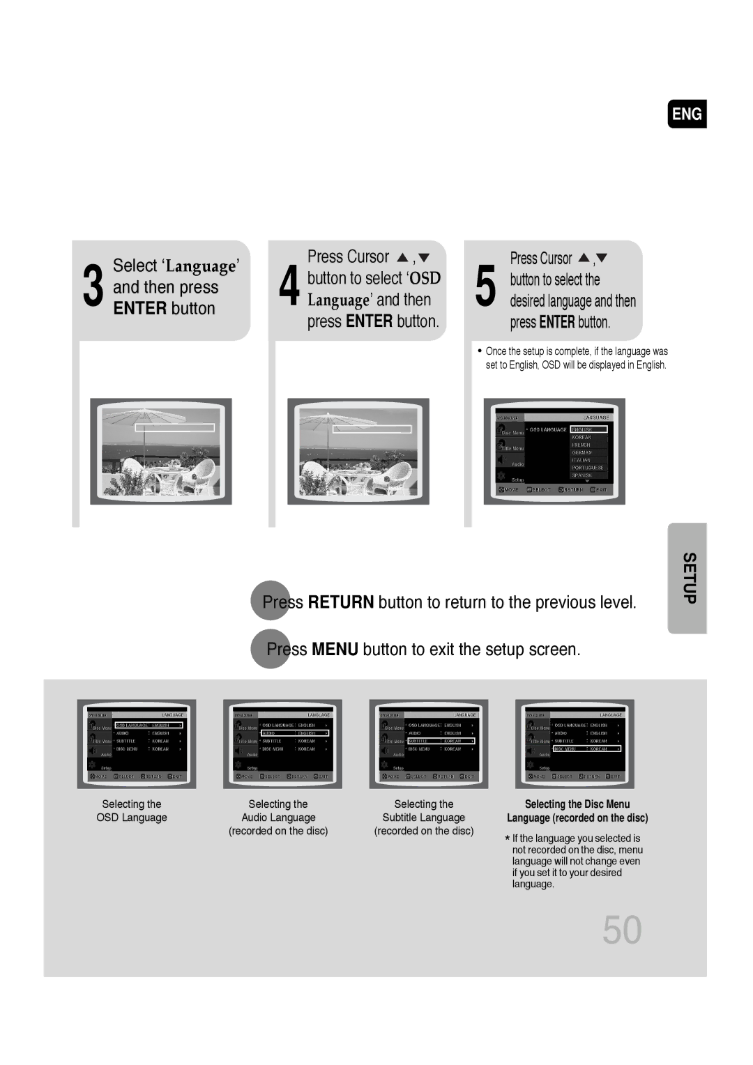 Samsung SDSM-EX, P1200-SECA, AH68-01720S, 20060814151350437 manual Select ‘Language’ Press Cursor, Then press, Enter button 