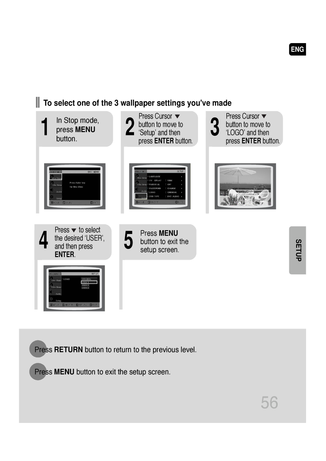 Samsung AH68-01720S manual To select one of the 3 wallpaper settings youve made, Stop mode Press Cursor Button to move to 