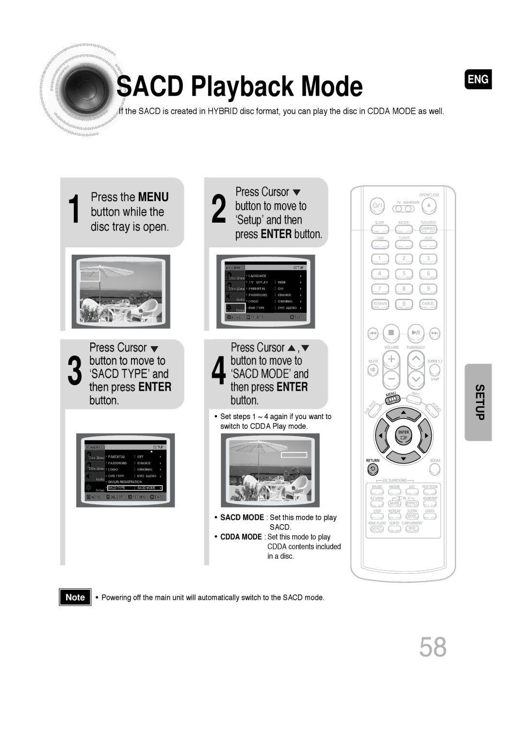 Samsung SDSM-EX, P1200-SECA Sacd Playback Mode, Press the Menu Press Cursor, Button while, Disc tray is open, ‘Sacd Type’ 