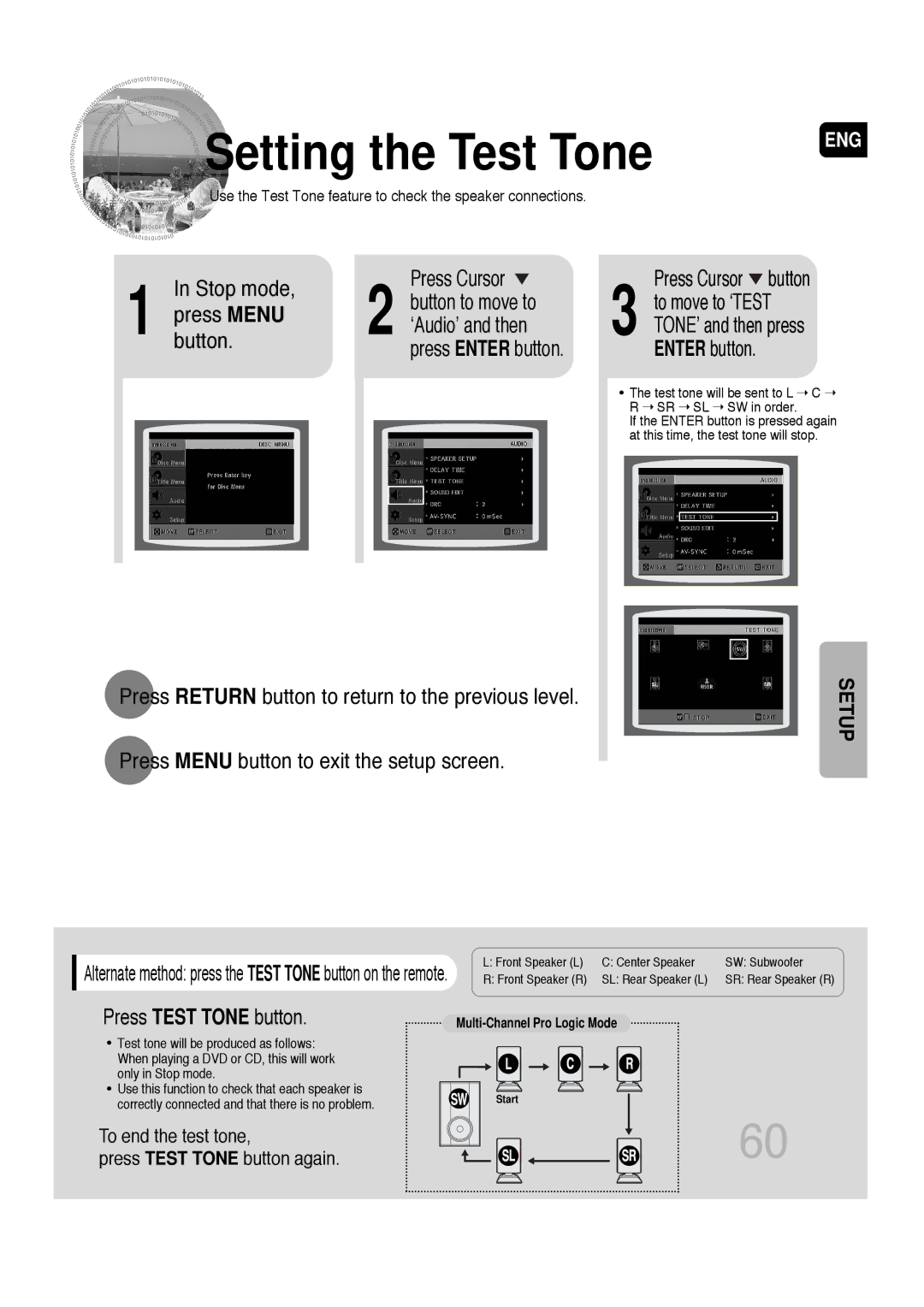 Samsung AH68-01720S, SDSM-EX manual Setting the Test Tone, Press Menu ‘Audio’ and then, Enter button, Press Test Tone button 