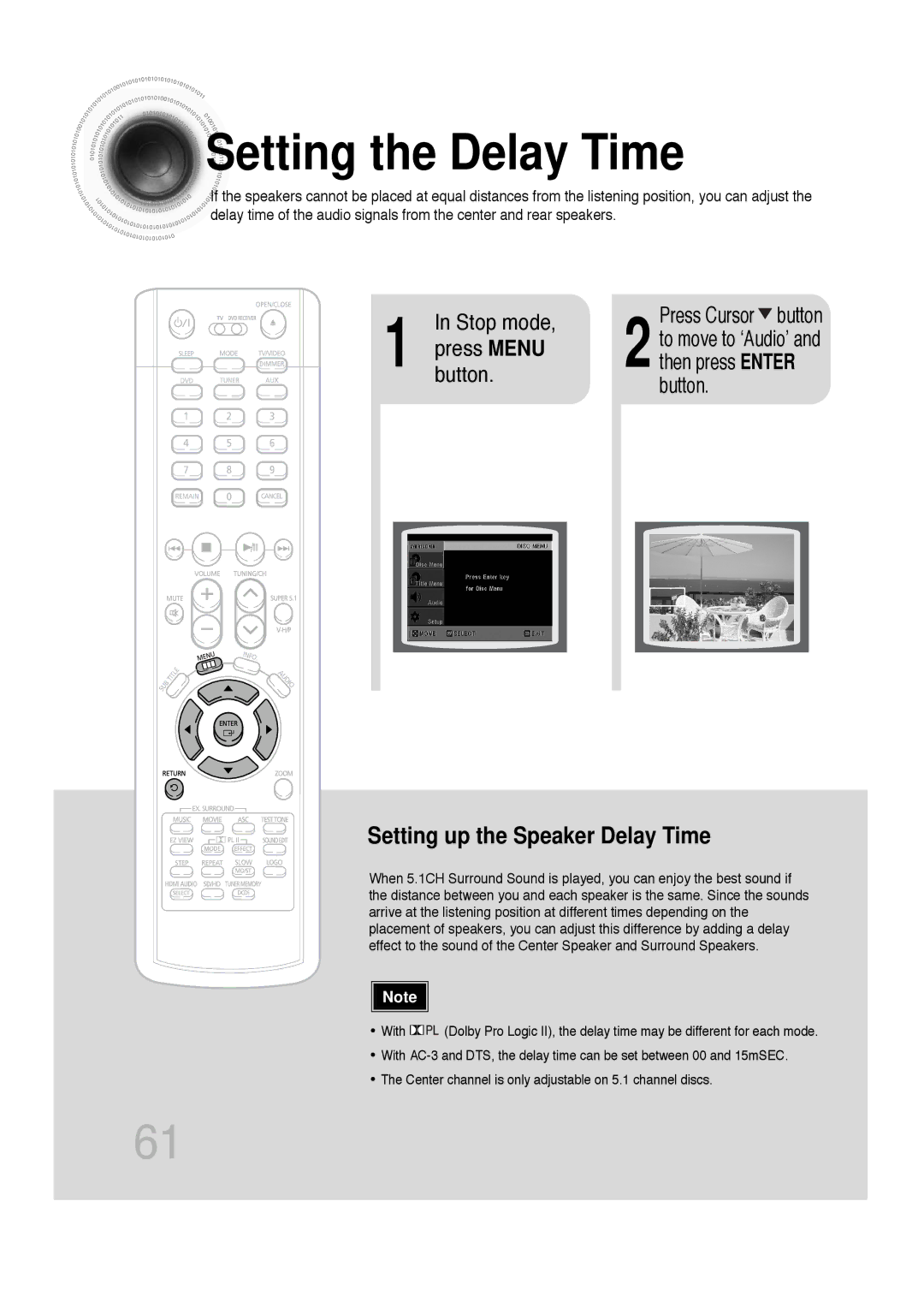 Samsung 20060814151350437, SDSM-EX, P1200-SECA manual Setting the Delay Time, Setting up the Speaker Delay Time, Stop mode 