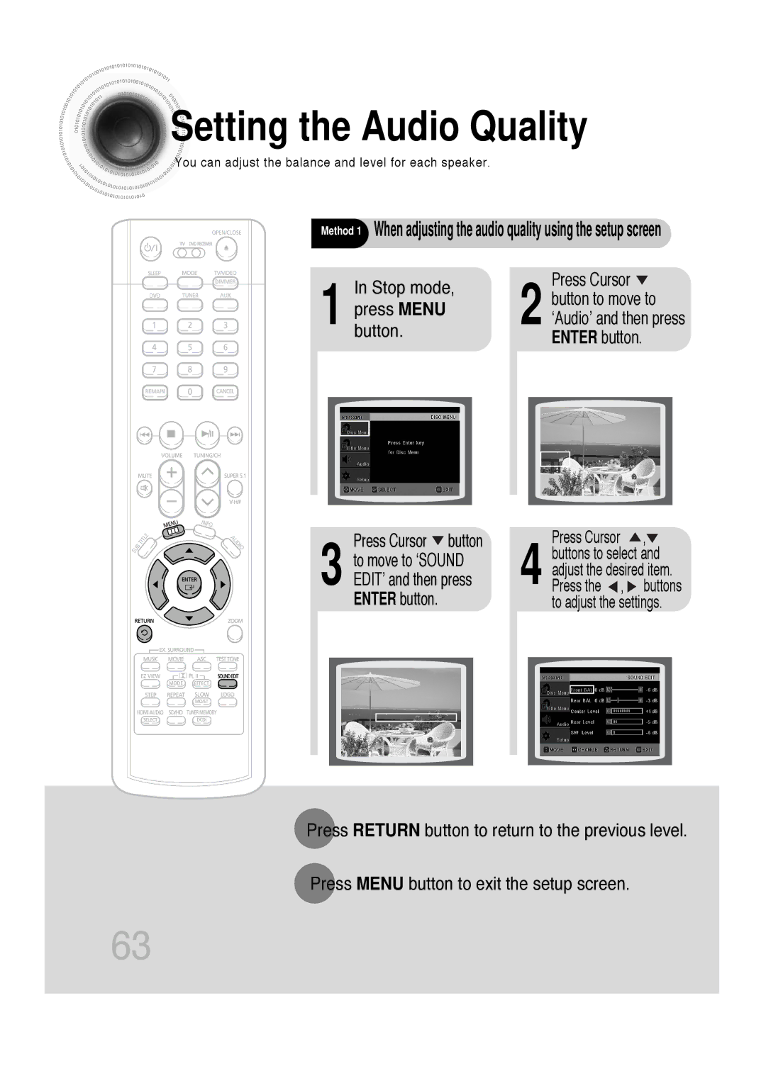 Samsung P1200-SECA, SDSM-EX, AH68-01720S, 20060814151350437 manual Setting the Audio Quality, Stop mode Press Cursor 