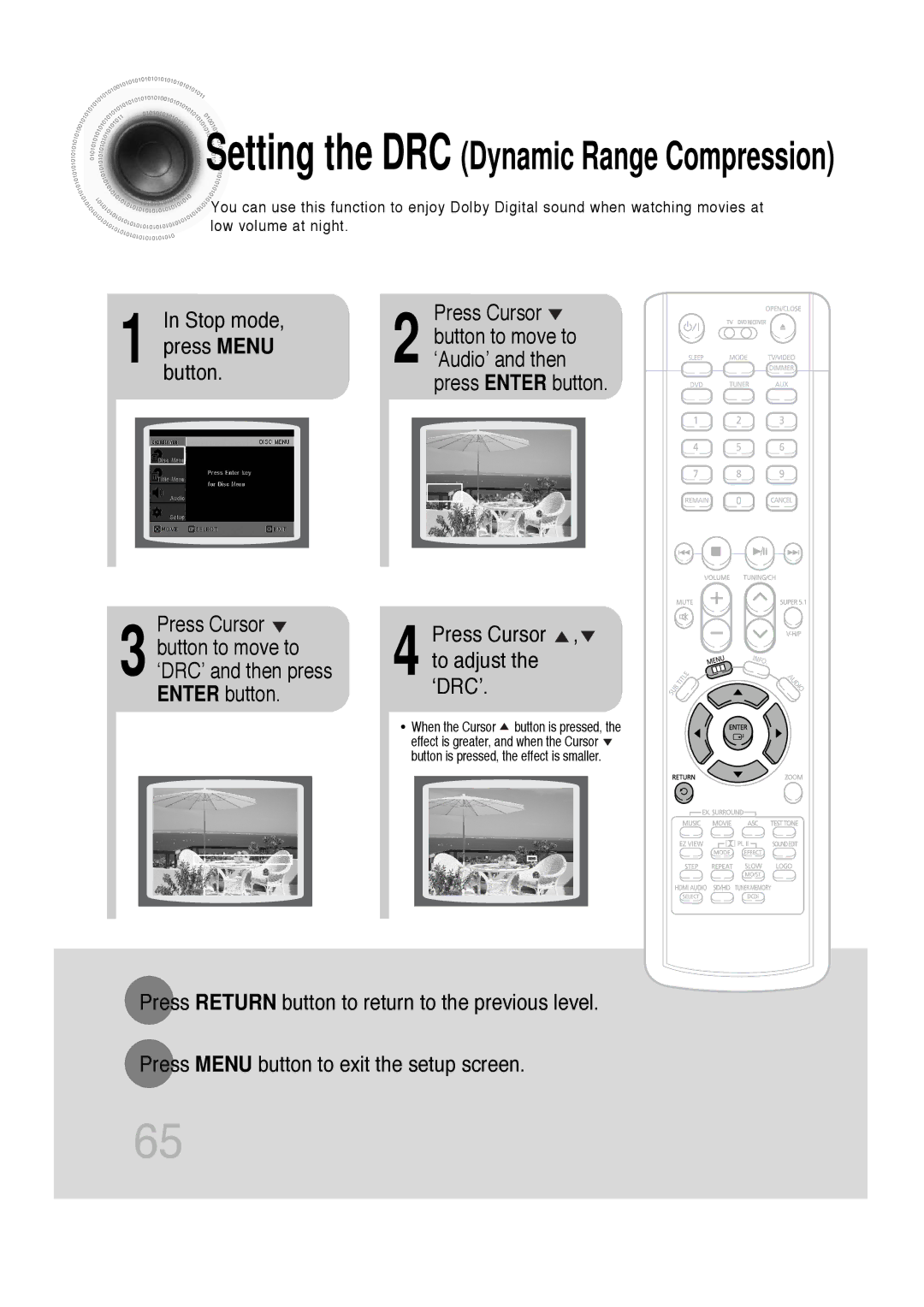 Samsung 20060814151350437, SDSM-EX, P1200-SECA Press Menu ‘Audio’ and then Button, Press Cursor , to adjust the ‘DRC’ 