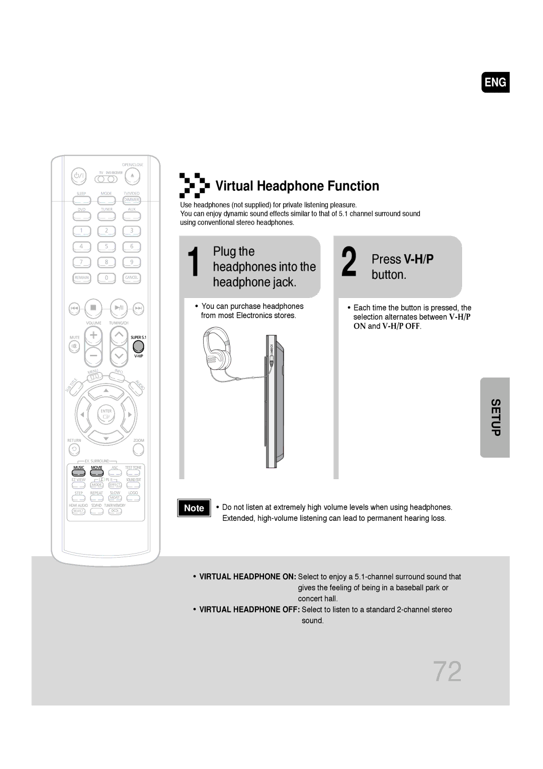 Samsung AH68-01720S, SDSM-EX, P1200-SECA manual Virtual Headphone Function, Plug the headphones into the headphone jack 