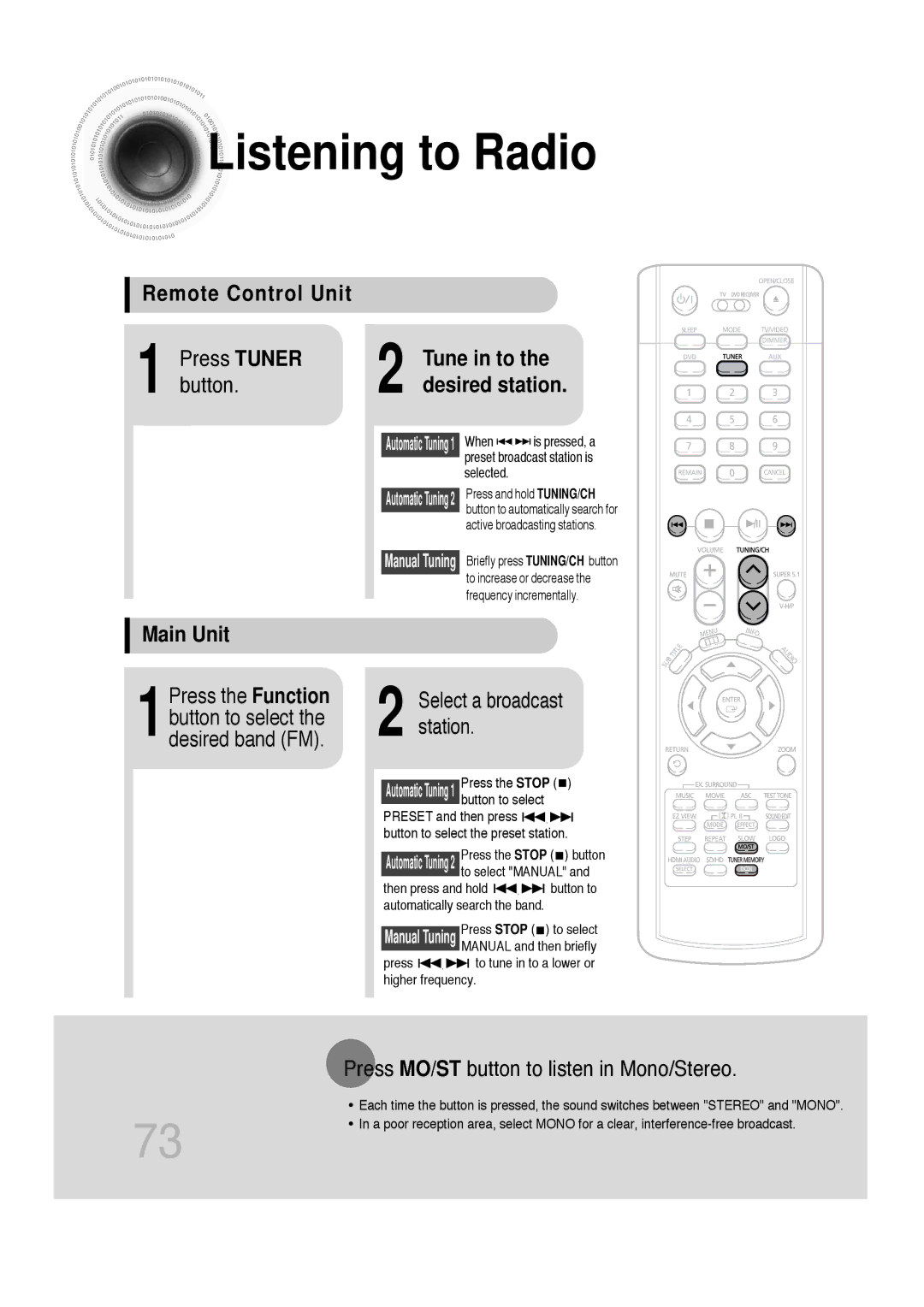 Samsung 20060814151350437, SDSM-EX, P1200-SECA manual Listening to Radio, Remote Control Unit Press Tuner, Button, Main Unit 