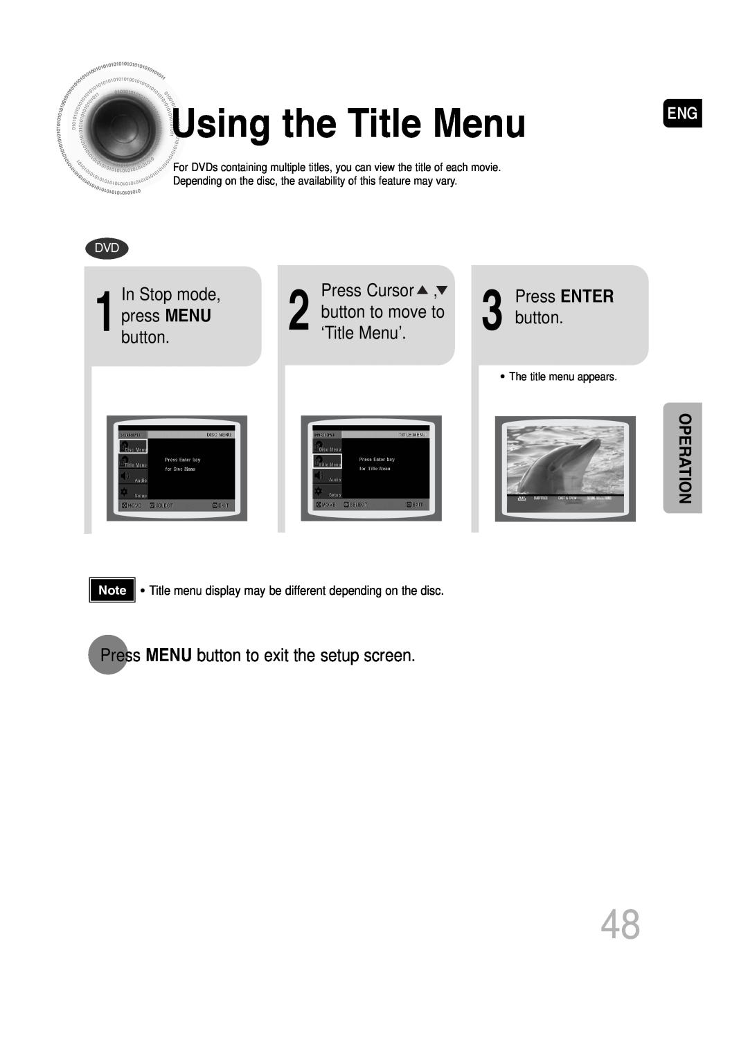 Samsung AH68-01720S manual Usingthe Title Menu, button to move to, ‘Title Menu’, Press MENU button to exit the setup screen 