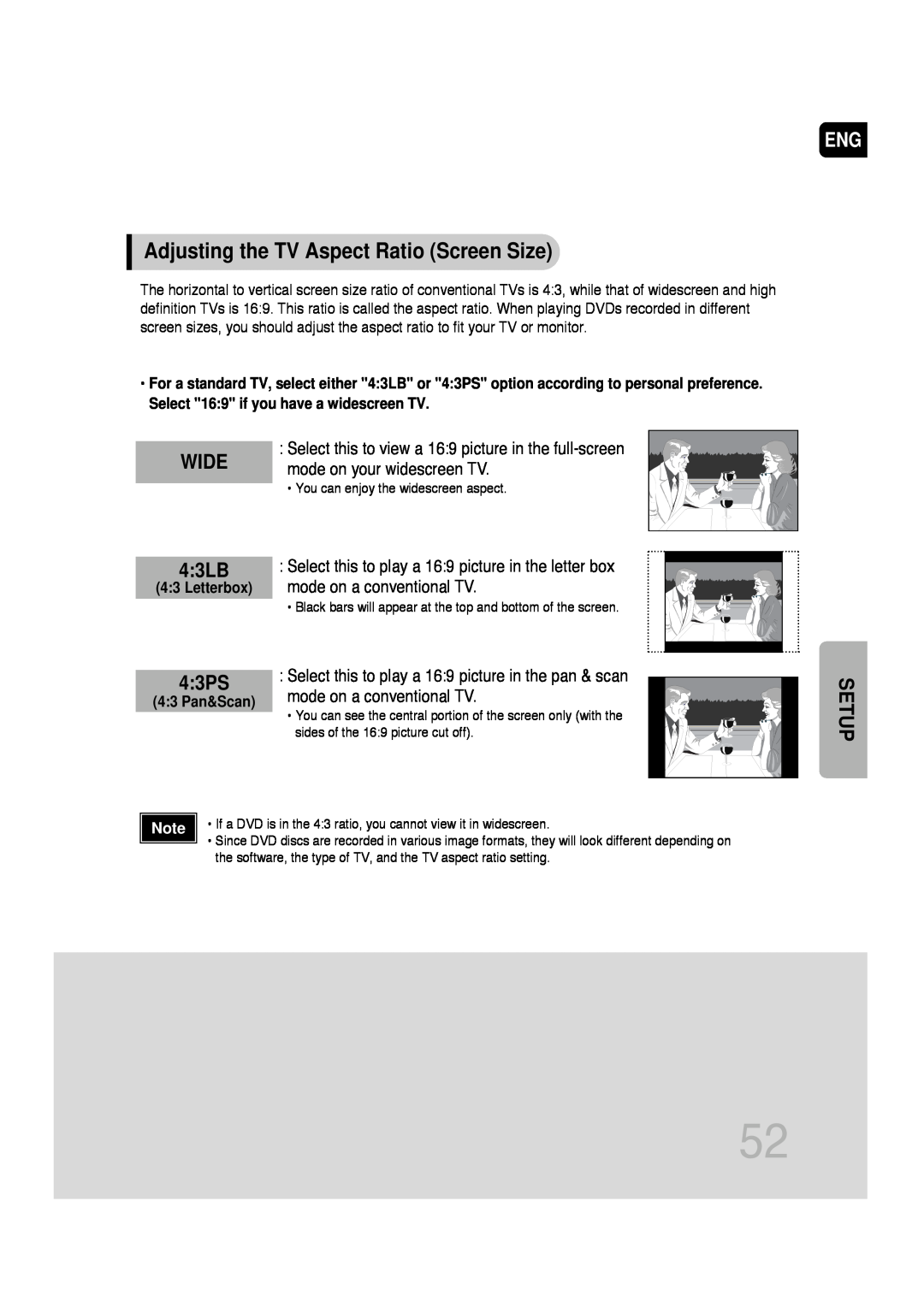 Samsung AH68-01720S, SDSM-EX, P1200-SECA manual Adjusting the TV Aspect Ratio Screen Size, WIDE 4:3LB, 4:3PS, Setup 