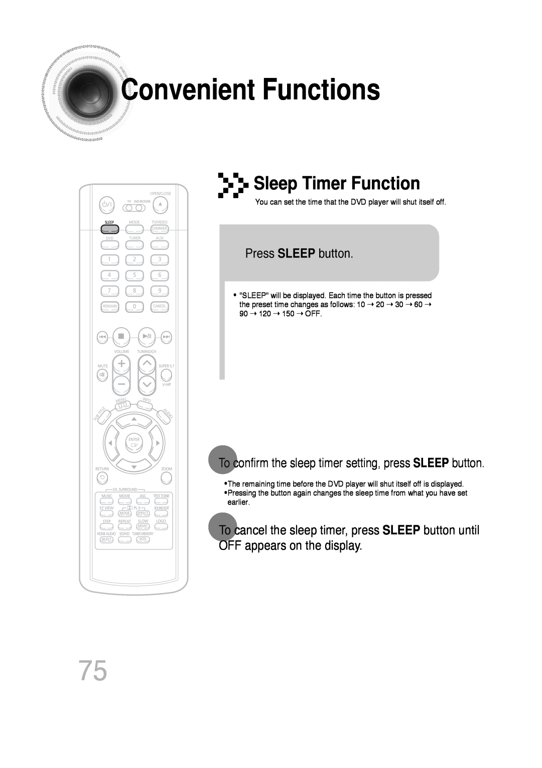Samsung P1200-SECA, SDSM-EX manual ConvenientFunctions, Sleep Timer Function, Press SLEEP button, OFF appears on the display 