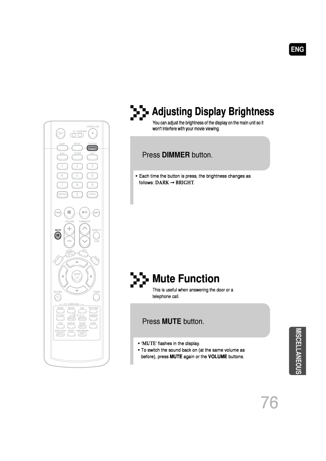 Samsung AH68-01720S Mute Function, Adjusting Display Brightness, Press DIMMER button, Press MUTE button, Miscellaneous 