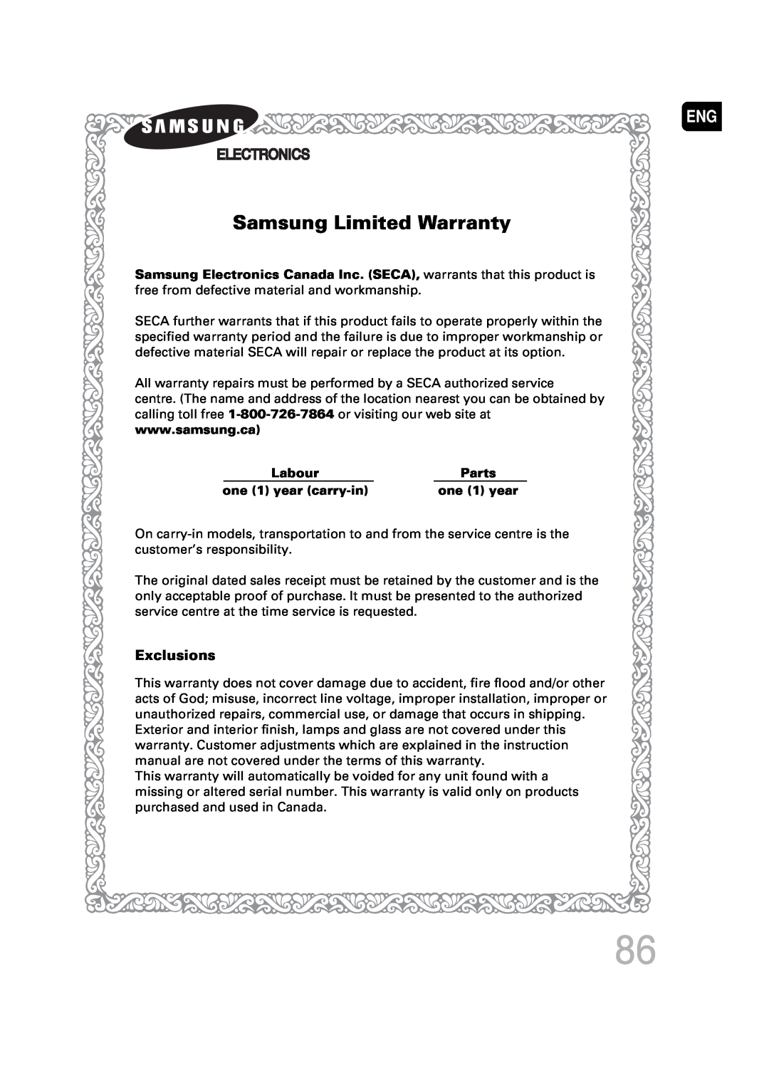 Samsung SDSM-EX, P1200-SECA, AH68-01720S manual Samsung Limited Warranty, Exclusions, Labour, Parts, one 1 year carry-in 