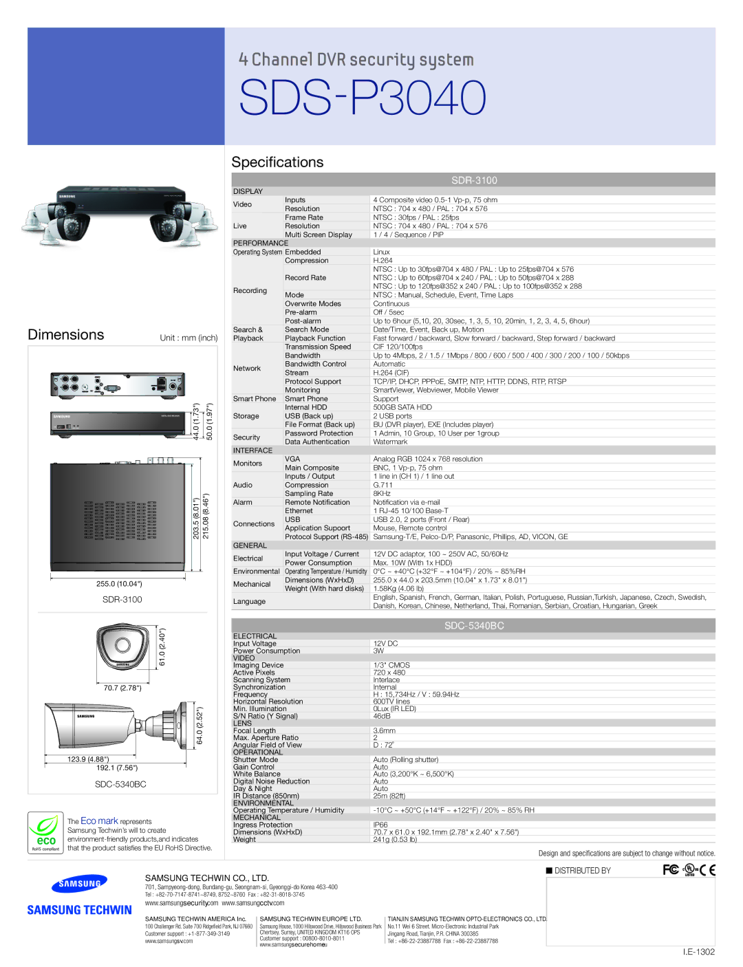 Samsung SDSV3040, SDR3100 manual Dimensions, Specifications, SDR-3100, SDC-5340BC 