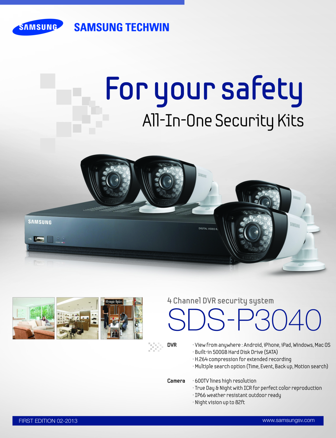 Samsung SDR3100, SDSV3040 manual Channel DVR security system, For your safety, SDS-P3040, All-In-OneSecurity Kits, Camera 
