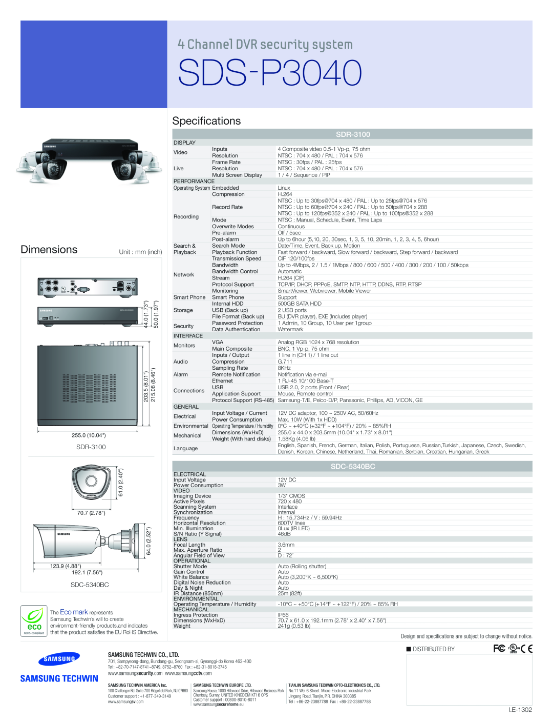 Samsung SDSV3040 SDS-P3040, Channel DVR security system, Dimensions, Specifications, SDR-3100, SDC-5340BC, Distributed By 