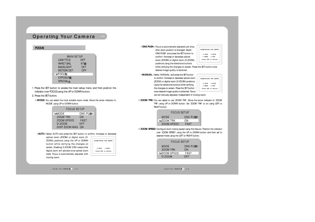 Samsung SDZ-300 instruction manual Press the SET button, Moving zoom, ONE Push Focus is automatically adjusted just once 