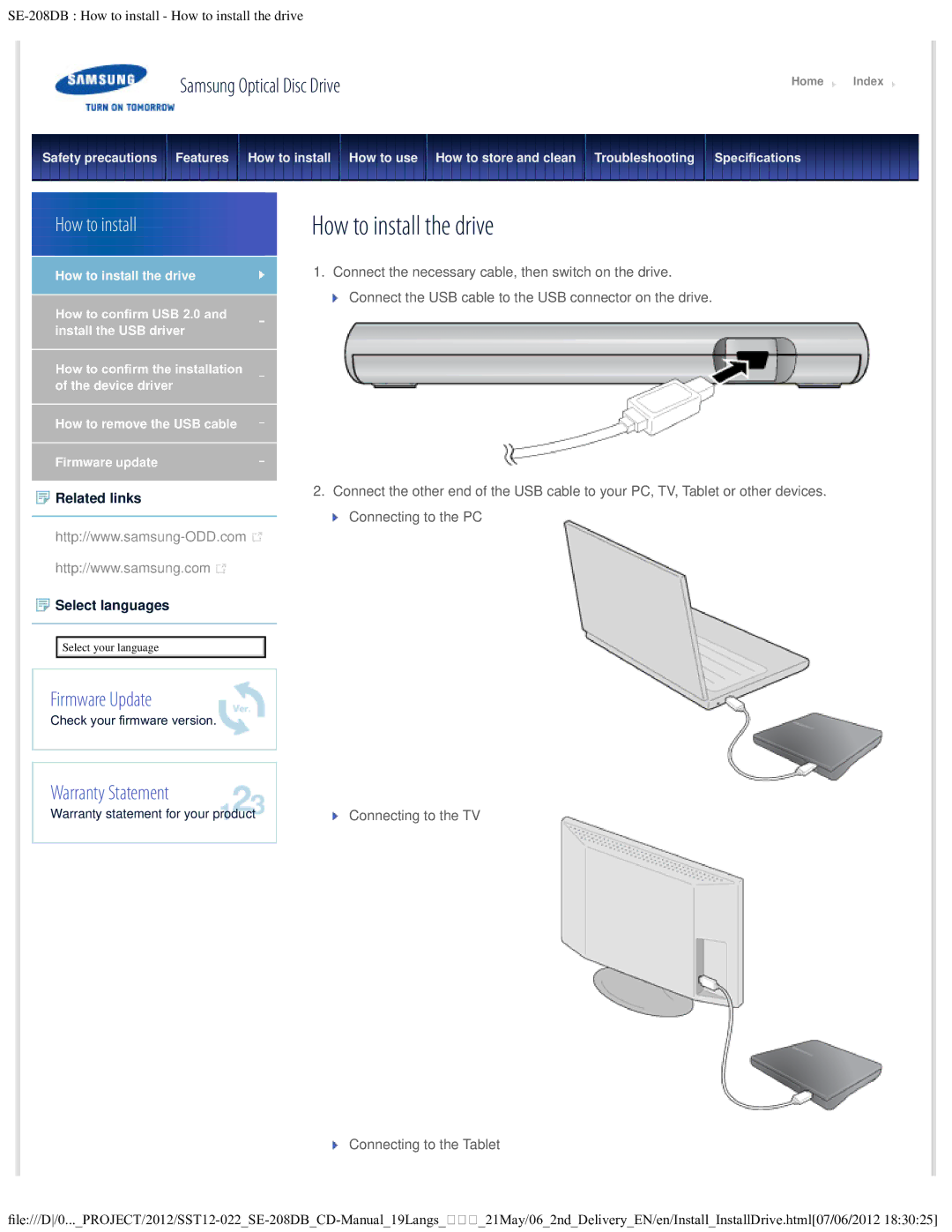 Samsung SE-208DB warranty How to install the drive 