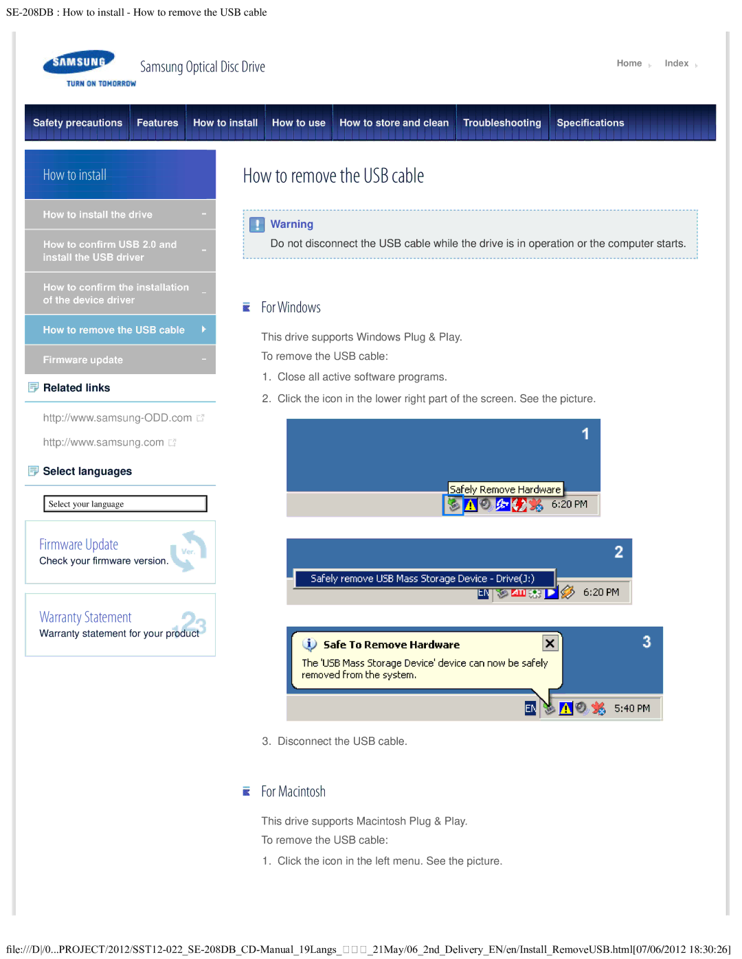 Samsung SE-208DB warranty How to remove the USB cable, For Windows, For Macintosh 