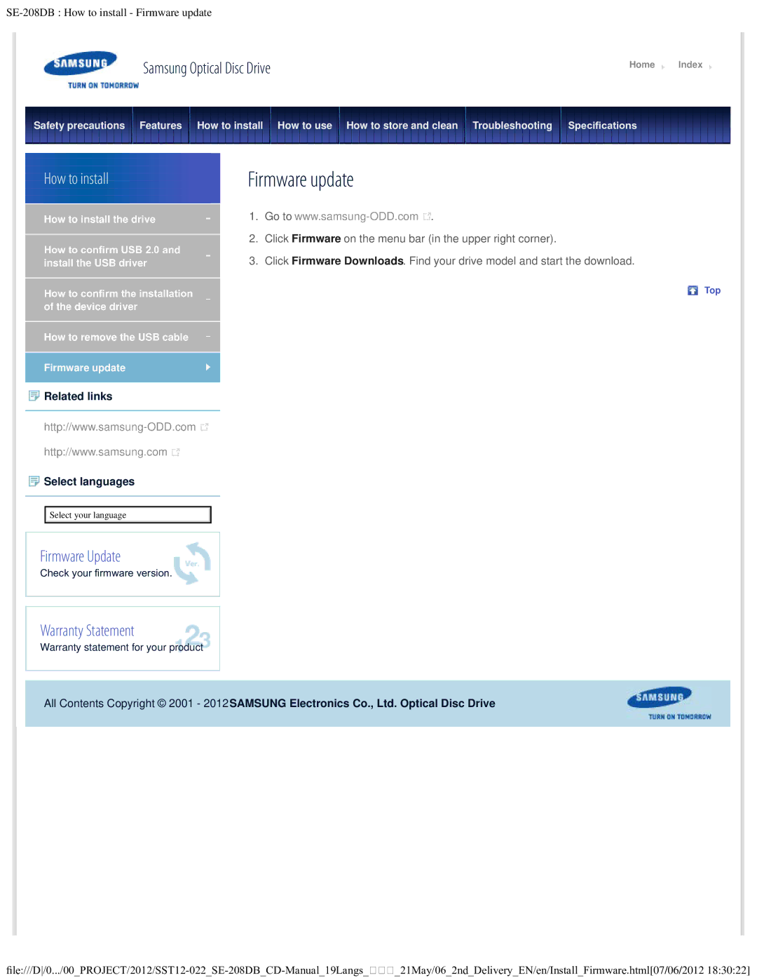 Samsung SE-208DB warranty Firmware update 