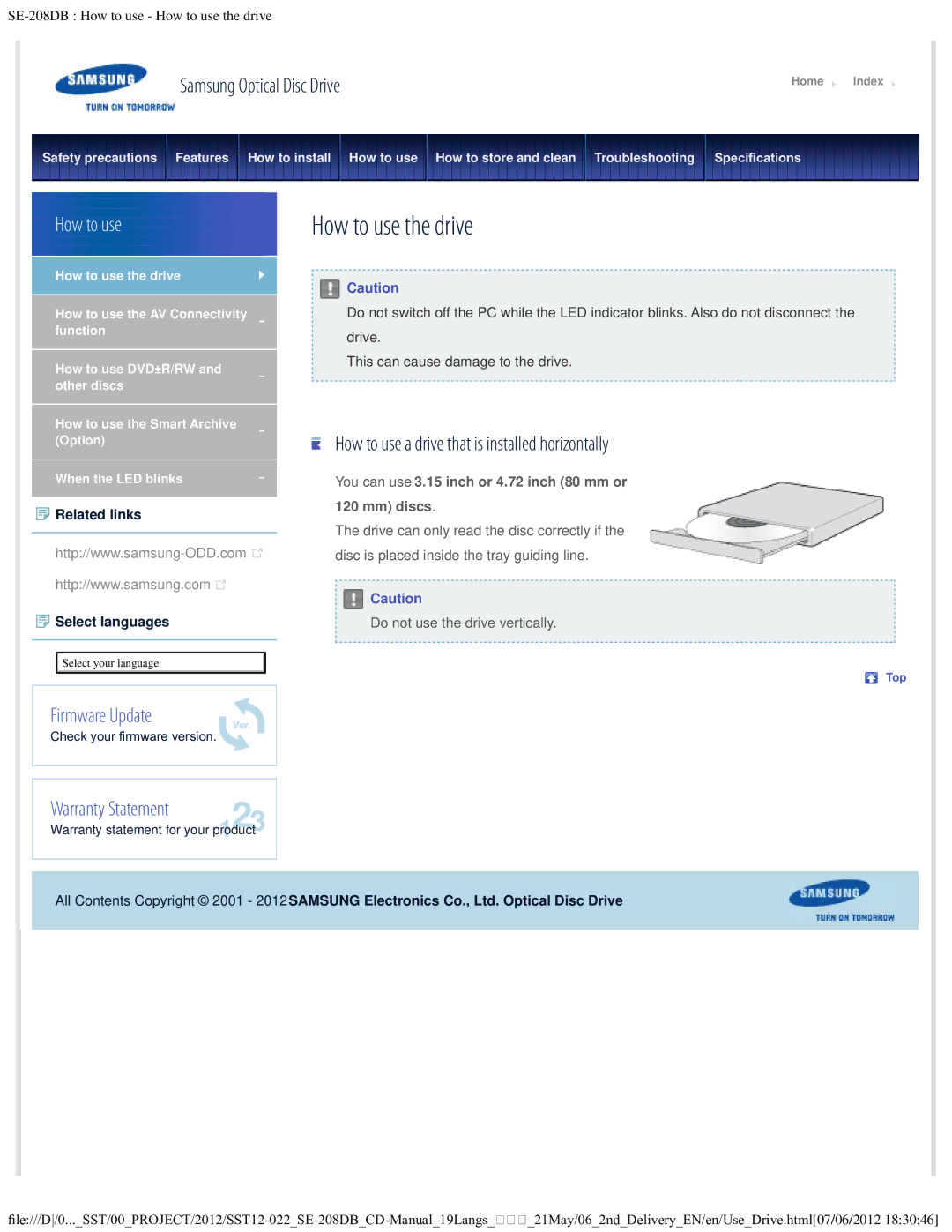 Samsung SE-208DB warranty How to use the drive, How to use a drive that is installed horizontally 