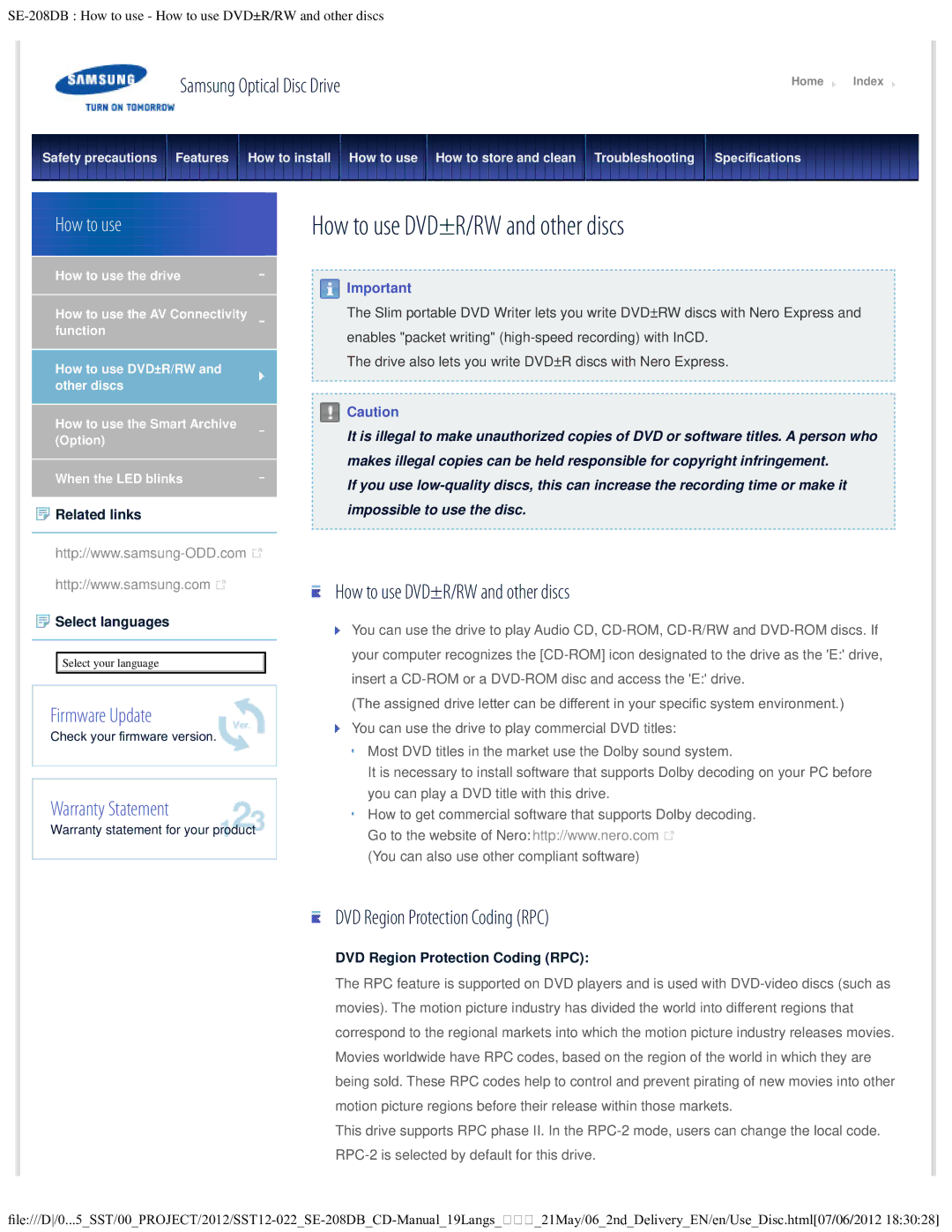 Samsung SE-208DB warranty How to use DVD±R/RW and other discs, DVD Region Protection Coding RPC 