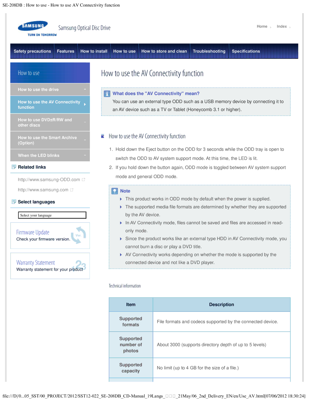 Samsung SE-208DB warranty How to use the AV Connectivity function, Technical information 