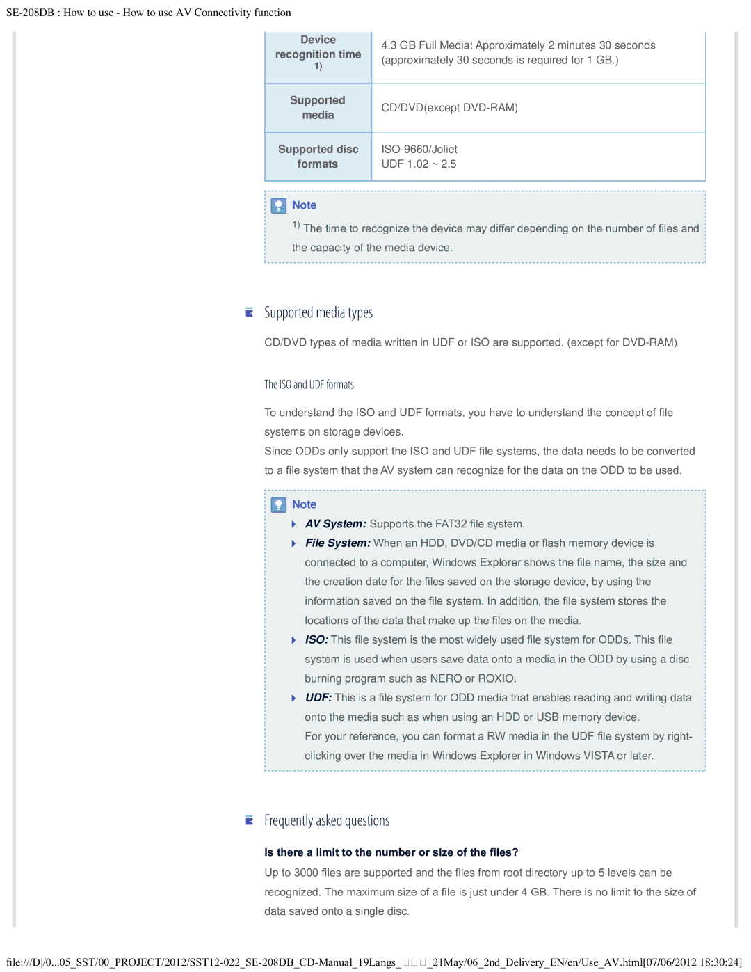 Samsung SE-208DB warranty Supported media types, Frequently asked questions, ISO and UDF formats 