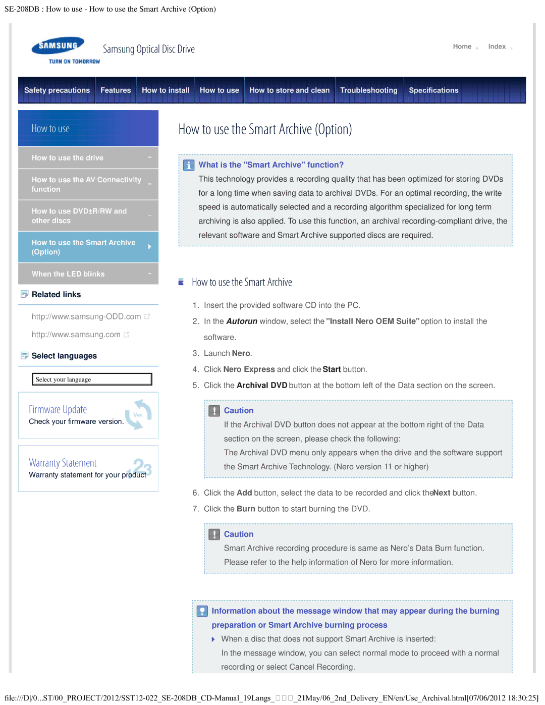 Samsung SE-208DB warranty How to use the Smart Archive Option 