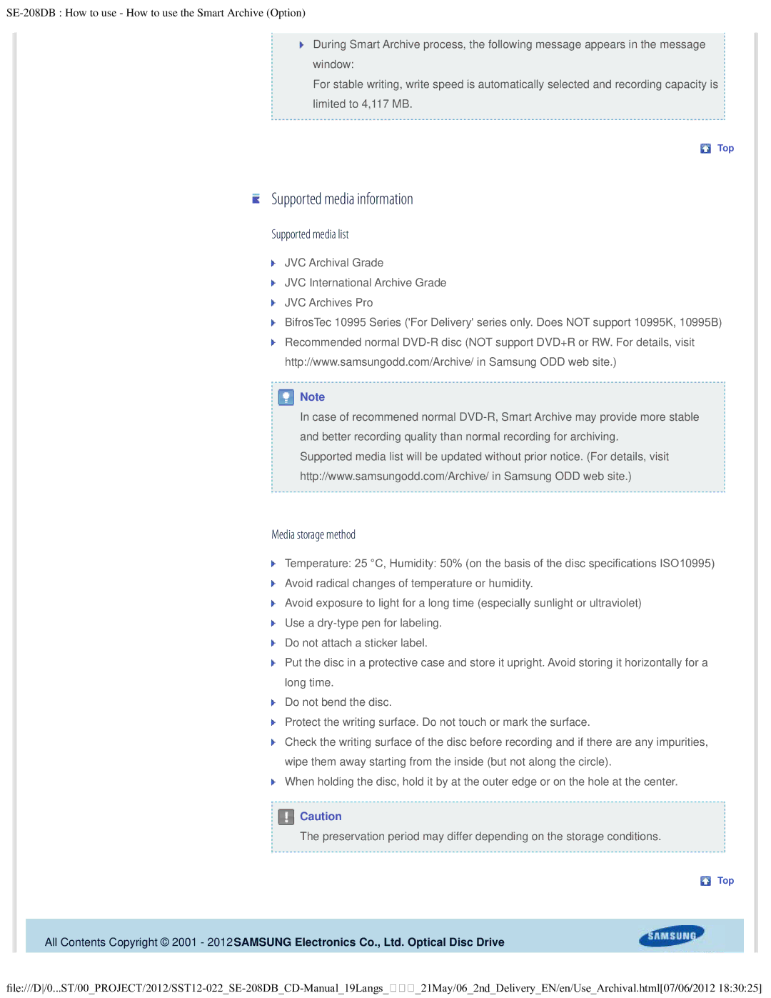 Samsung SE-208DB warranty Supported media information, Supported media list, Media storage method 