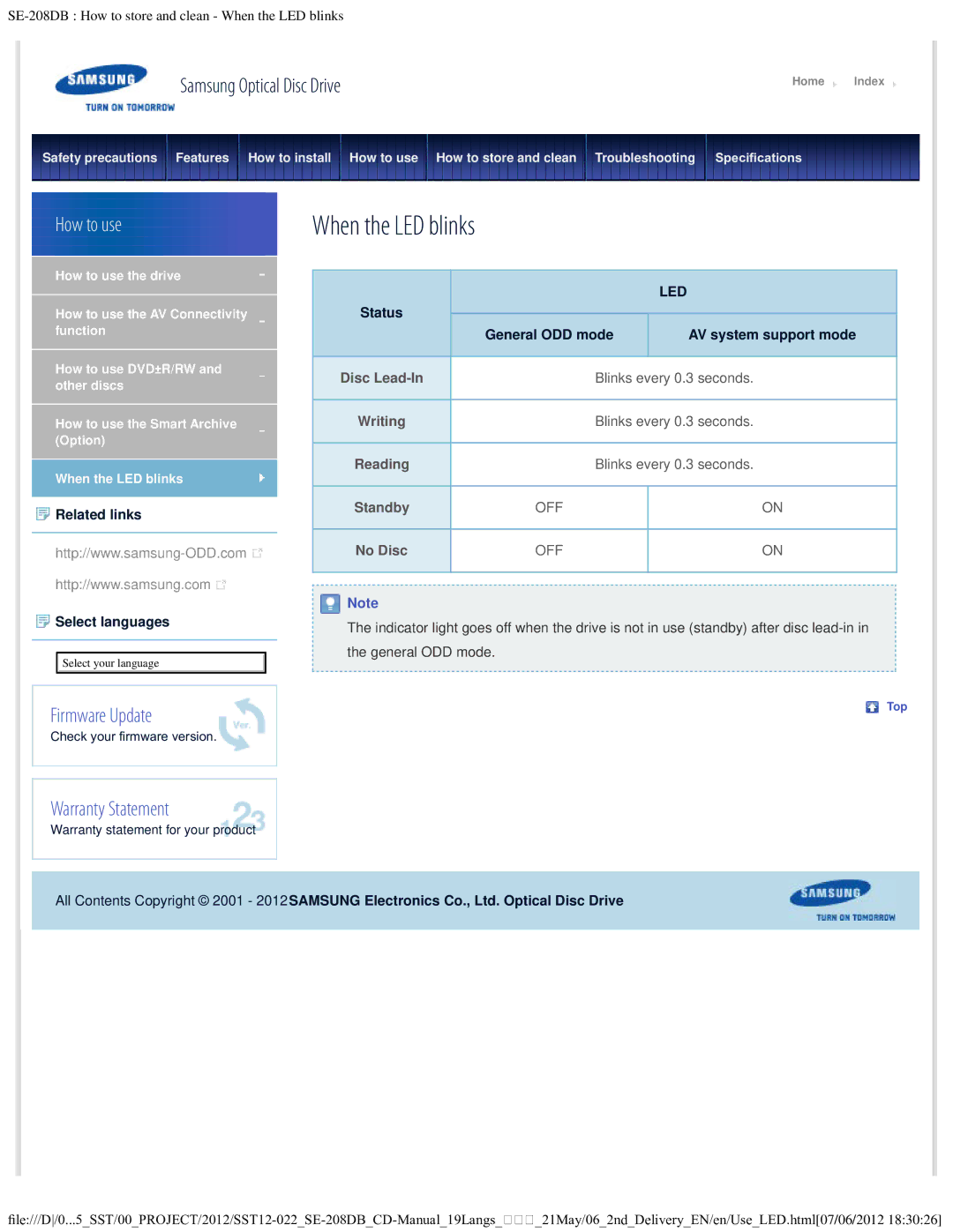 Samsung SE-208DB warranty When the LED blinks 