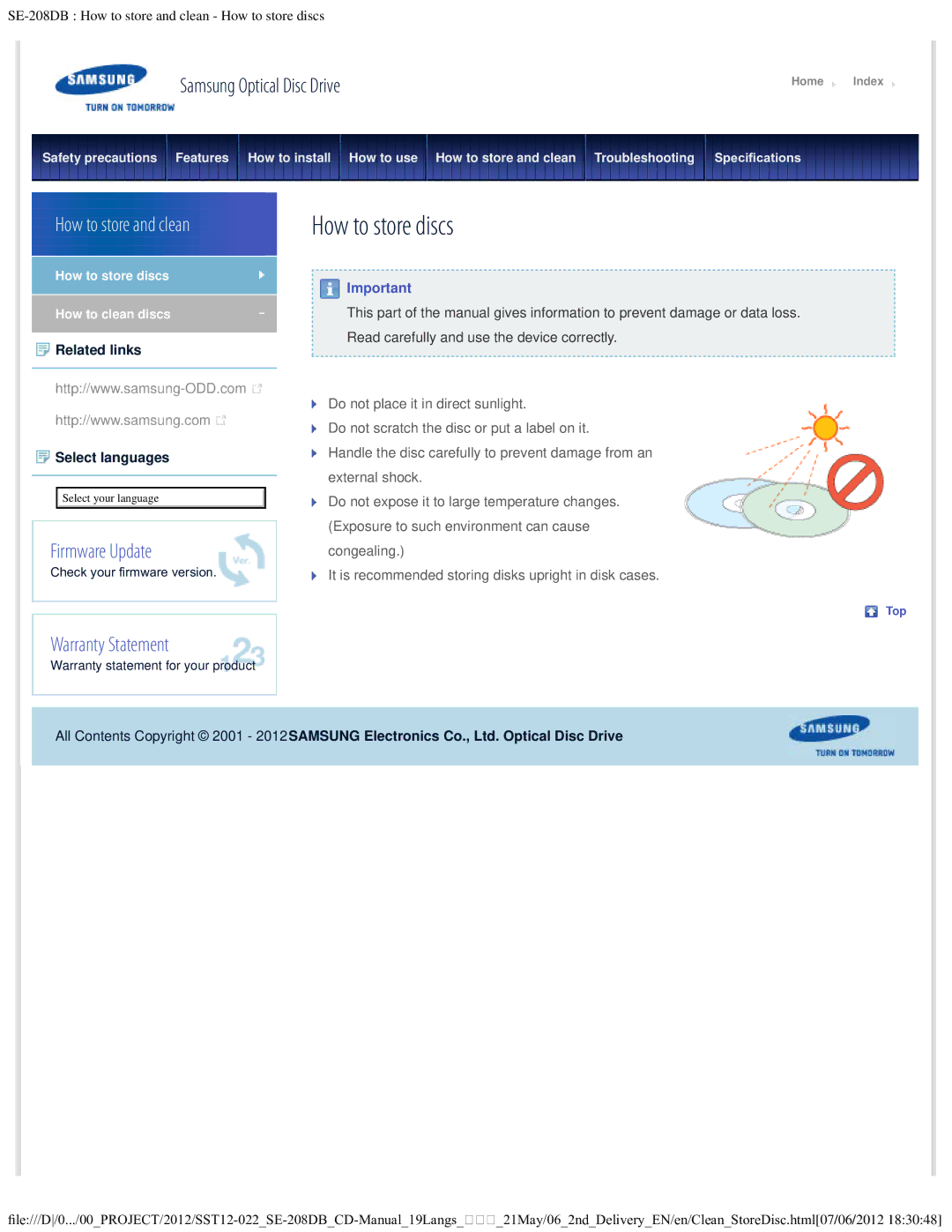 Samsung SE-208DB warranty How to store discs 