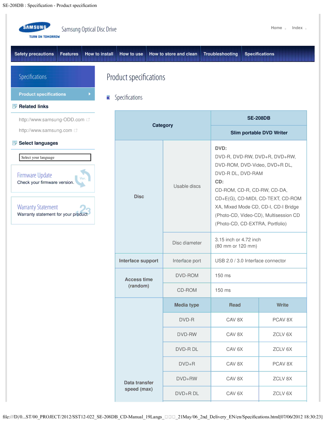 Samsung SE-208DB warranty Product specifcations, Specifcations 