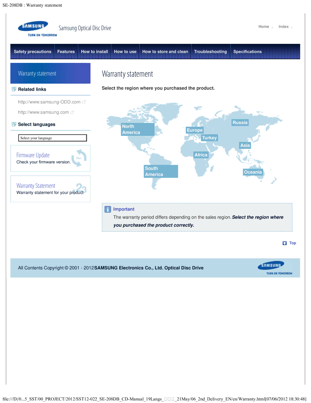 Samsung SE-208DB warranty Warranty statement 