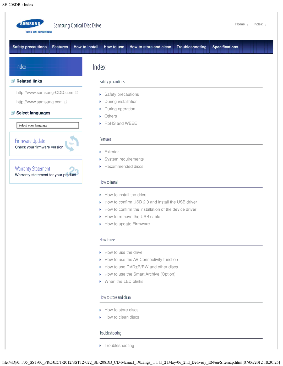 Samsung SE-208DB warranty Index 