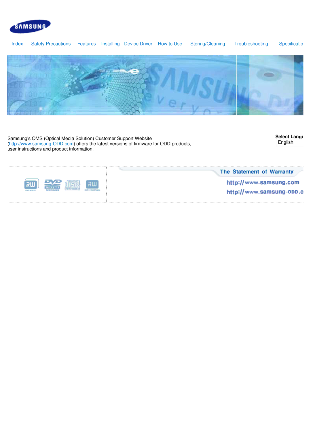 Samsung SE-S084B user manual Samsungs OMS Optical Media Solution Customer Support Website 