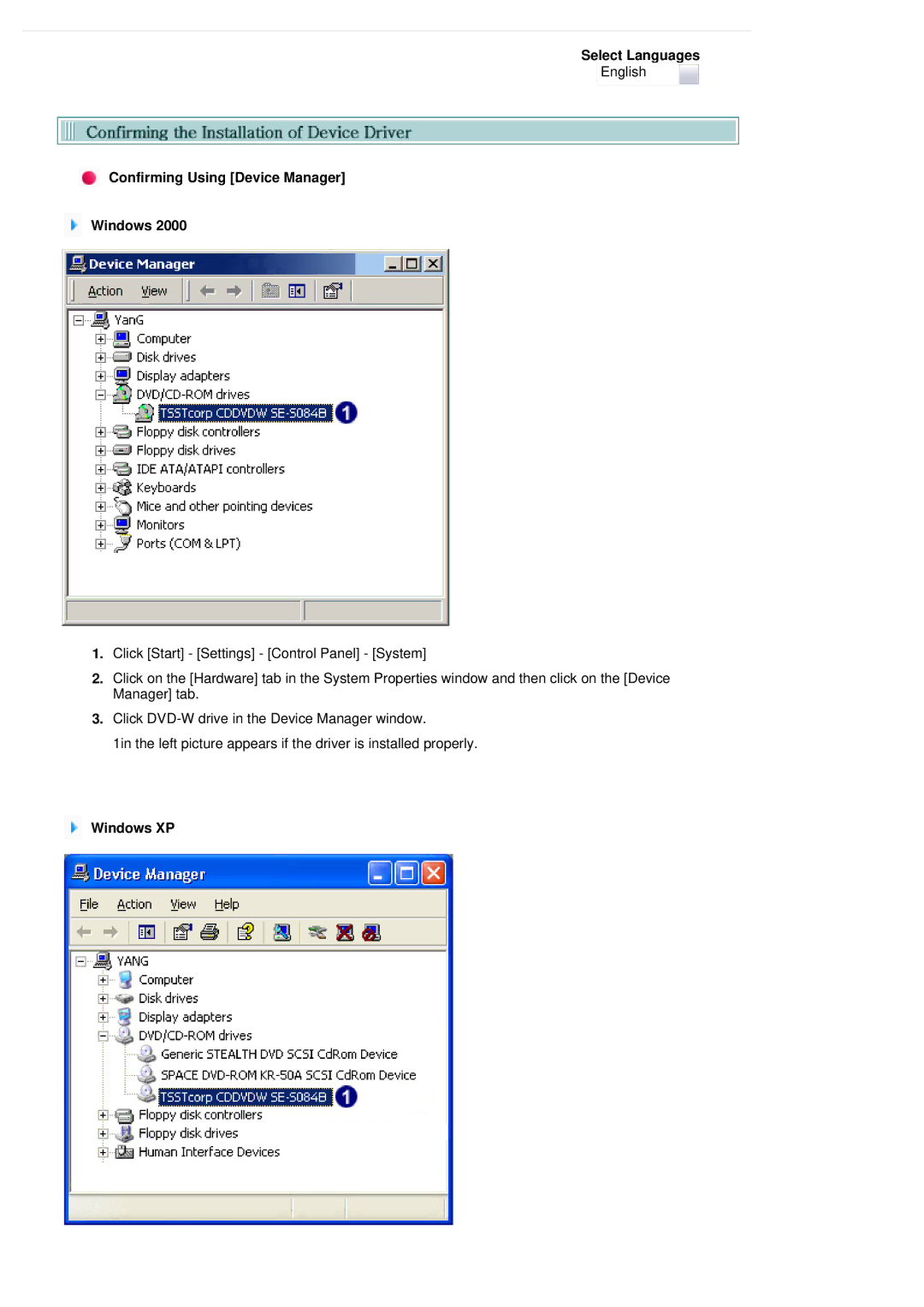 Samsung SE-S084B user manual Confirming Using Device Manager Windows, Windows XP 