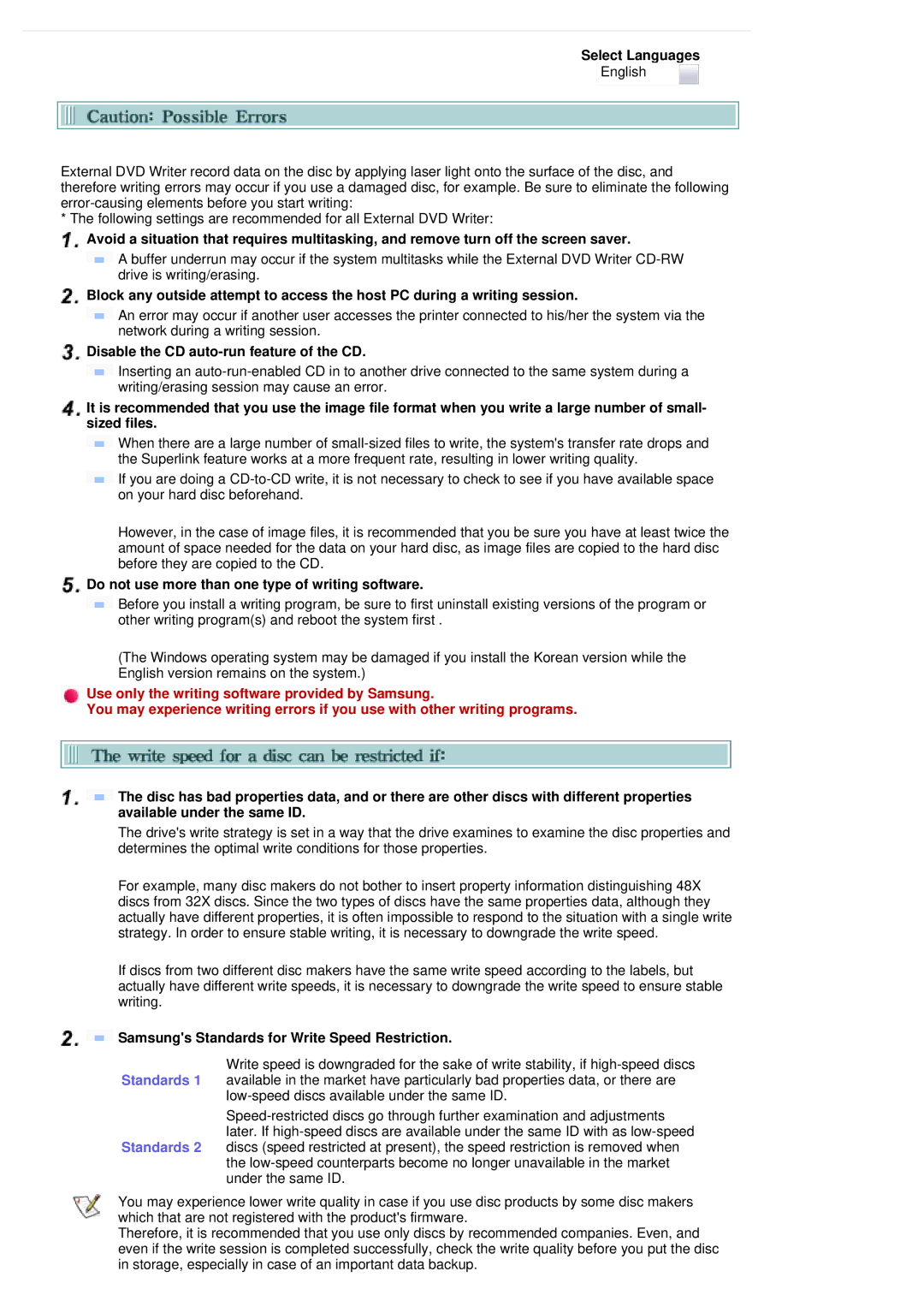 Samsung SE-S084B user manual Disable the CD auto-run feature of the CD, Do not use more than one type of writing software 