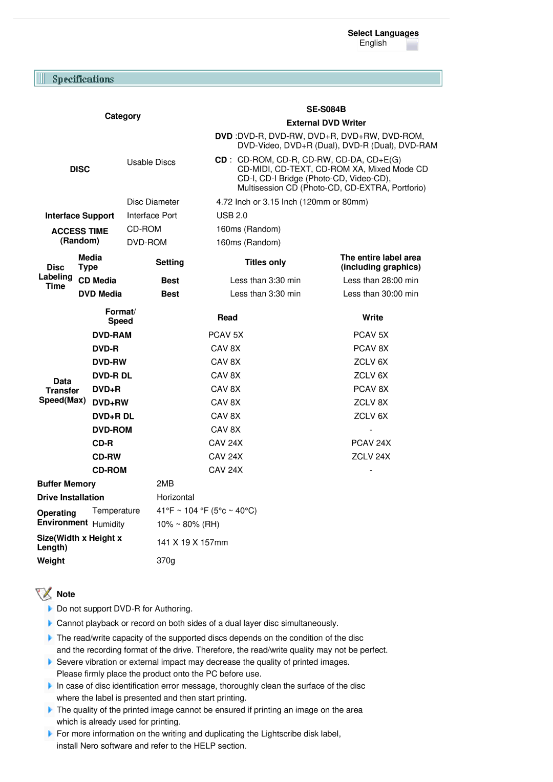 Samsung Category Select Languages, SE-S084B External DVD Writer, 160ms Random, Time DVD Media Best Less than 330 min 