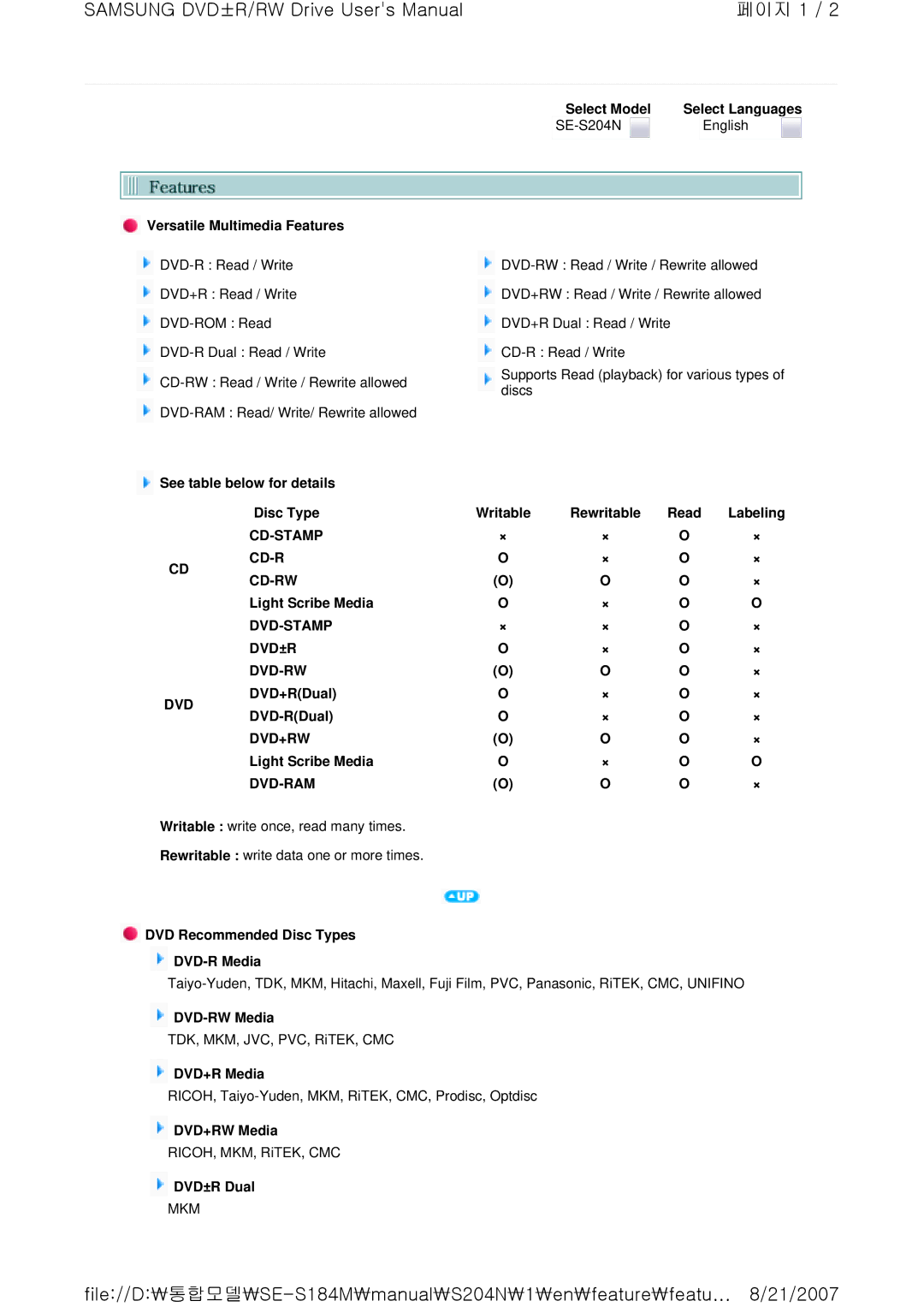 Samsung SE-S204N user manual See table below for details, Disc Type, Read Labeling, Light Scribe Media, DVD+RDual DVD-RDual 