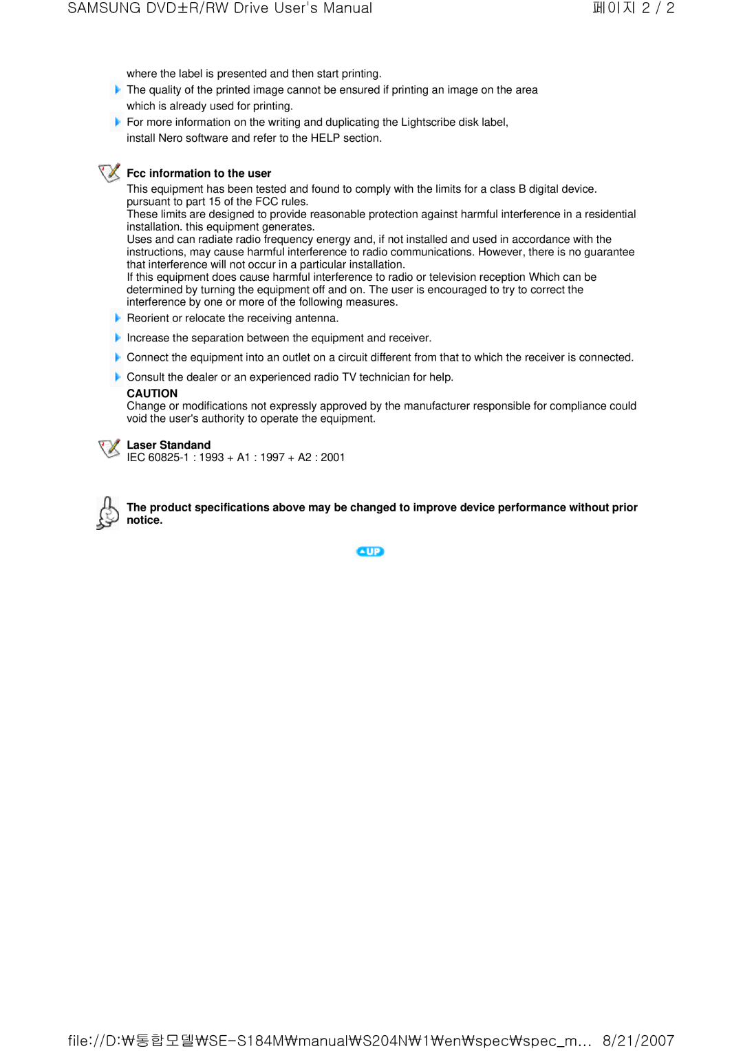 Samsung SE-S204N user manual Fcc information to the user, Laser Standand 