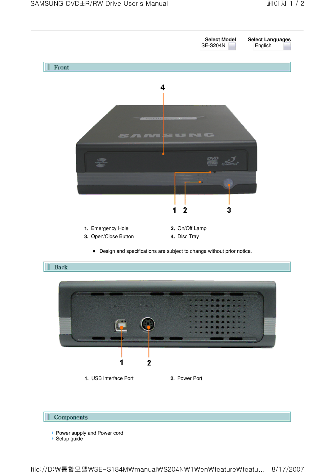 Samsung SE-S204N user manual Open/Close Button Disc Tray, USB Interface Port Power Port 