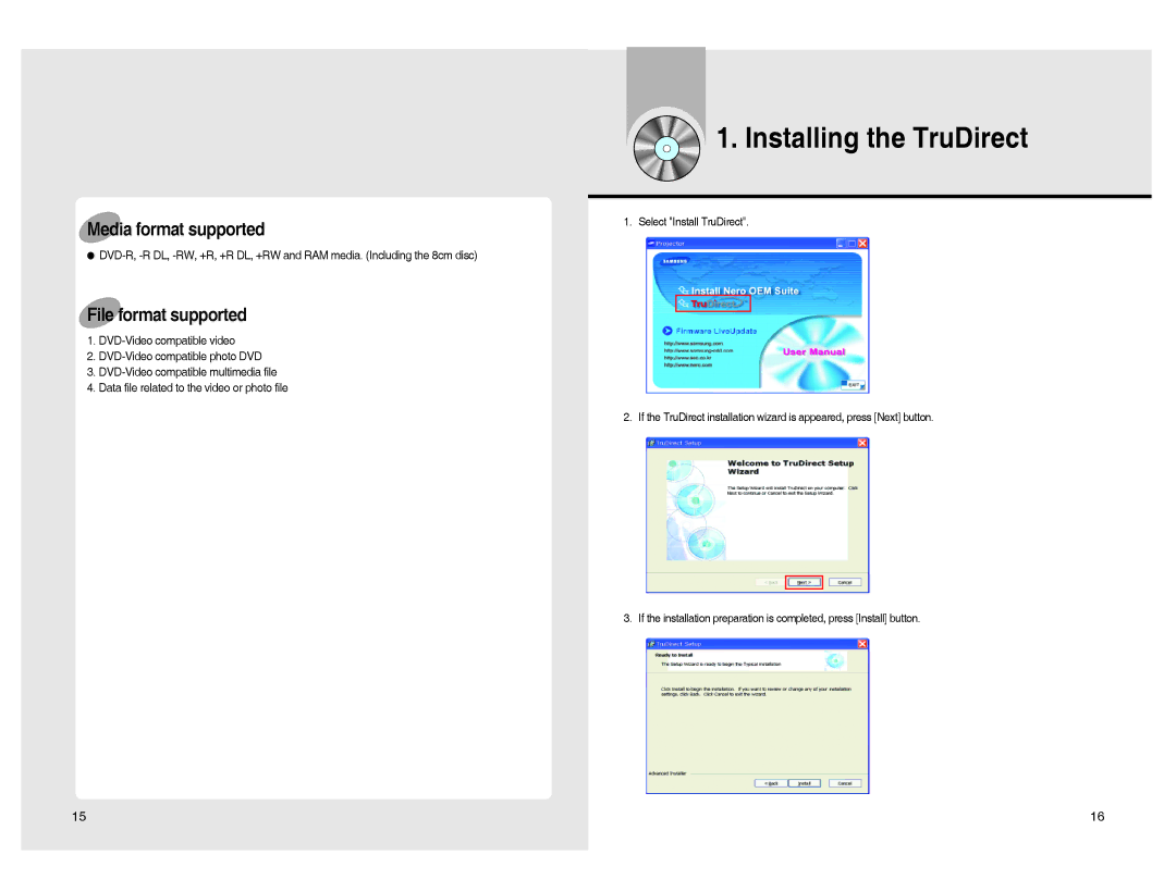 Samsung SE-S204S, BG68-01526A user manual Installing the TruDirect, File format supported 