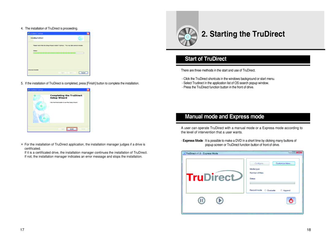 Samsung BG68-01526A, SE-S204S user manual Starting the TruDirect, Start of TruDirect 